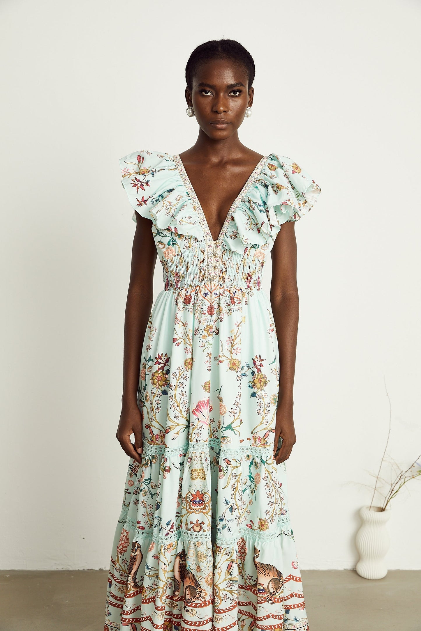 Margot ruffle floralprint sleeveless maxi dress