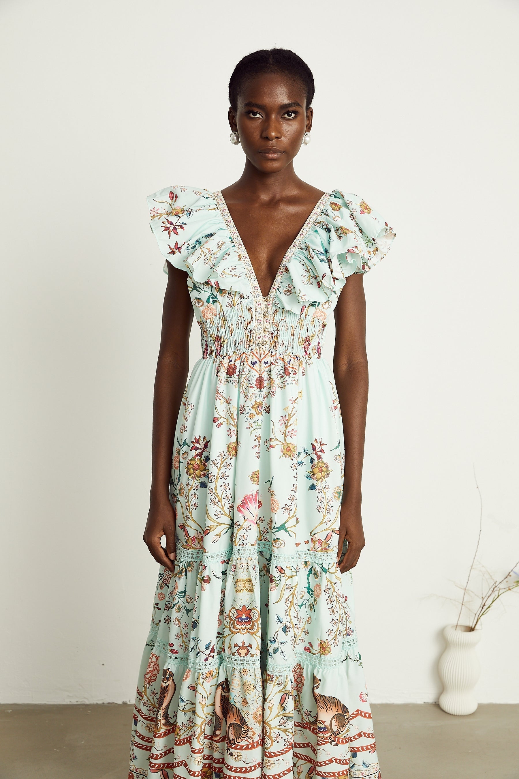 Margot ruffle floralprint sleeveless maxi dress