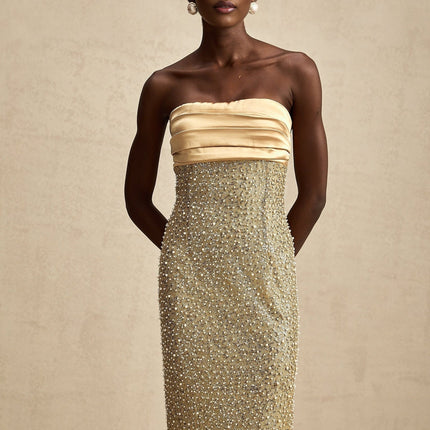 Marguerite Gold Sequin Maxi Dress with Faux Pearl Embellishments
