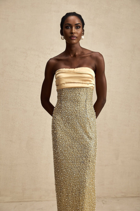 Marguerite Gold Sequin Maxi Dress with Faux Pearl Embellishments