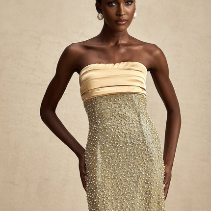 Marguerite Gold Sequin Maxi Dress faux pearl embellishments pleated bodice back slit zipper closure full-length silhouette polyester fiber elegant sophisticated special occasions