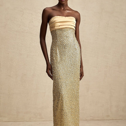 Marguerite Gold Strapless Maxi Dress with Faux Pearl and Sequin Embellishments