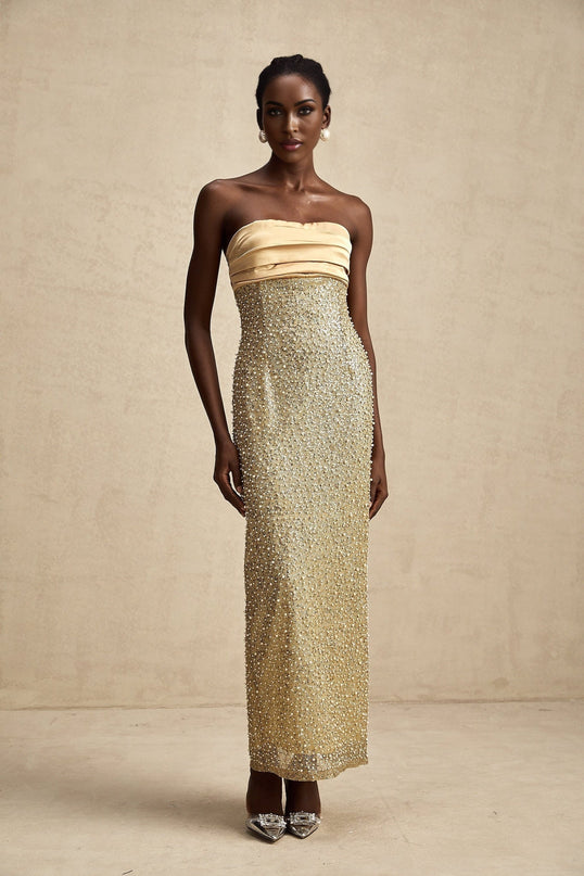 Marguerite Gold Strapless Maxi Dress with Faux Pearl and Sequin Embellishments