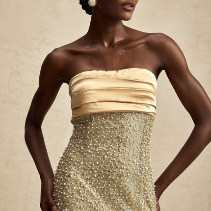 Marguerite Gold Strapless Maxi Dress with Faux Pearl and Sequin Embellishments