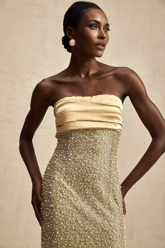 Marguerite Gold Strapless Maxi Dress with Faux Pearl and Sequin Embellishments