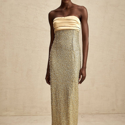 Marguerite Gold Strapless Maxi Dress with Faux Pearl and Sequin Embellishments