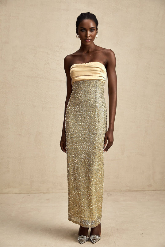Marguerite Gold Strapless Maxi Dress with Faux Pearl and Sequin Embellishments