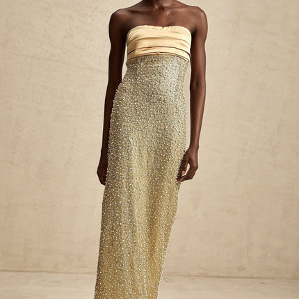 Marguerite Gold Strapless Maxi Dress with Faux Pearl and Sequin Embellishments