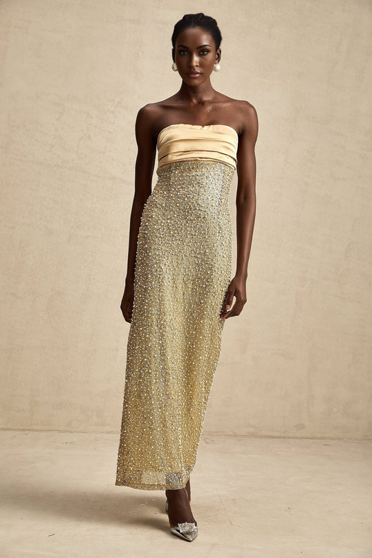 Marguerite Gold Strapless Maxi Dress with Faux Pearl and Sequin Embellishments