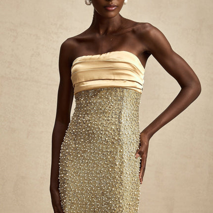 Marguerite Gold Strapless Maxi Dress with Faux Pearl and Sequin Embellishments
