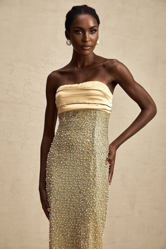Marguerite Gold Strapless Maxi Dress with Faux Pearl and Sequin Embellishments