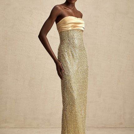Marguerite Gold Strapless Maxi Dress with Faux Pearl and Sequin Embellishments