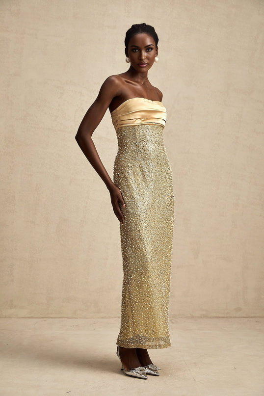Marguerite Gold Strapless Maxi Dress with Faux Pearl and Sequin Embellishments