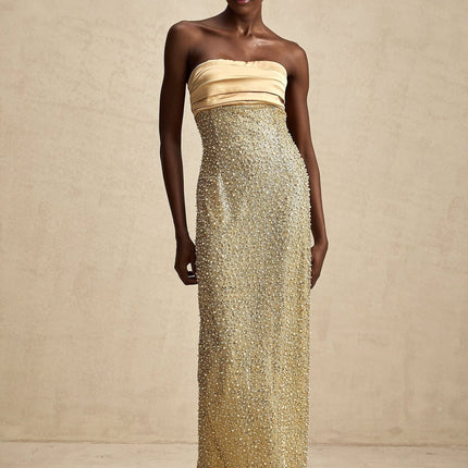 Marguerite Gold Strapless Maxi Dress with Faux Pearl and Sequin Embellishments