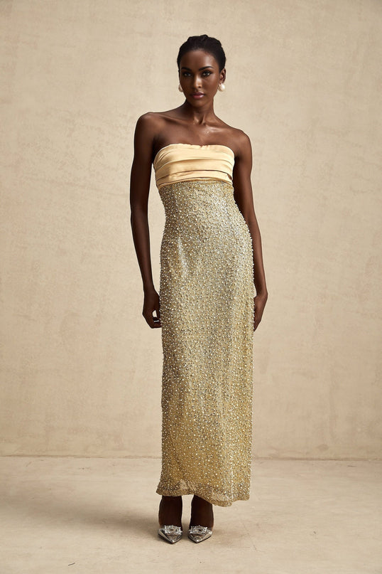 Marguerite Gold Strapless Maxi Dress with Faux Pearl and Sequin Embellishments