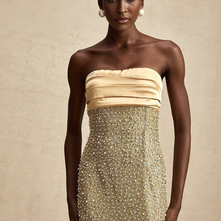 Marguerite Gold Strapless Maxi Dress with Faux Pearl and Sequin Embellishments