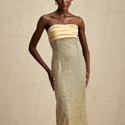 Marguerite Gold Strapless Maxi Dress with Faux Pearl and Sequin Embellishments