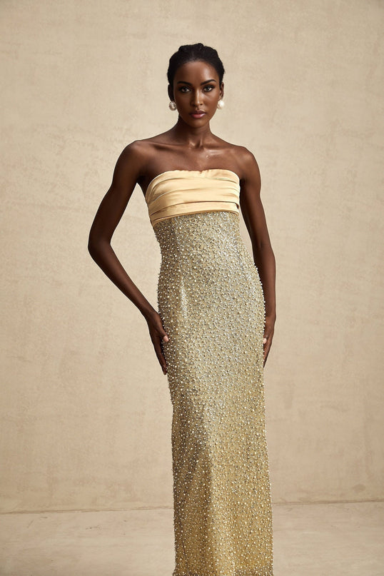 Marguerite Gold Strapless Maxi Dress with Faux Pearl and Sequin Embellishments