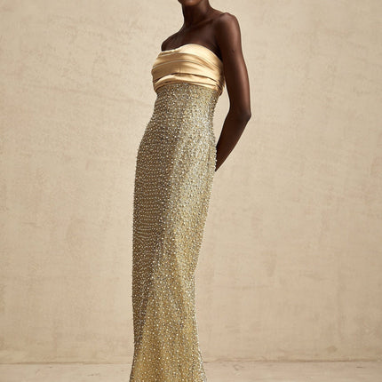 Marguerite Strapless Maxi Dress in Gold with Faux Pearl and Sequin Embellishments