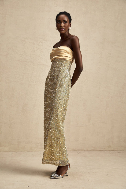 Marguerite Strapless Maxi Dress in Gold with Faux Pearl and Sequin Embellishments