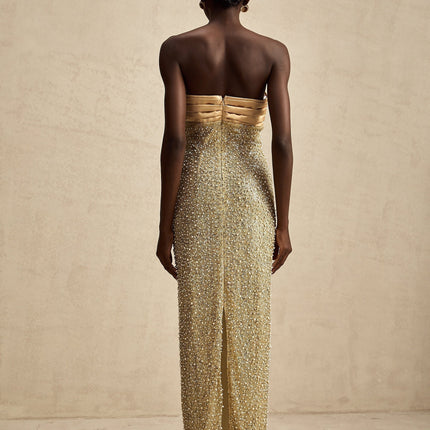 Marguerite Strapless Maxi Dress Gold Sequin Pearl Embellished Pleated Bodice Back Slit Full Length Elegant Formal Event 100% Polyester Fiber