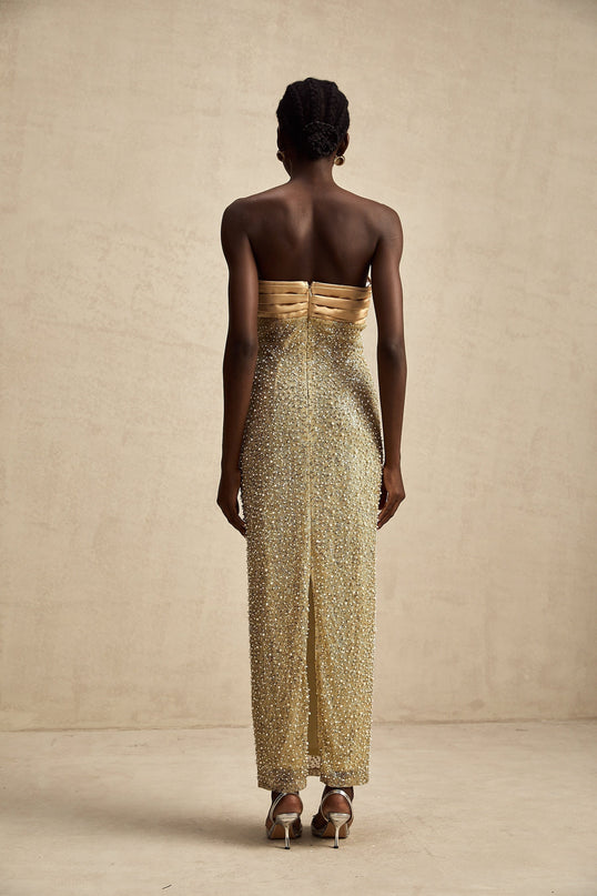 Marguerite Strapless Maxi Dress Gold Sequin Pearl Embellished Pleated Bodice Back Slit Full Length Elegant Formal Event 100% Polyester Fiber