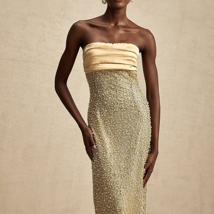 Marguerite Strapless Maxi Dress Gold Sequin Pearl Embellishments Polyester Elegant Special Occasions Back Zipper Closure