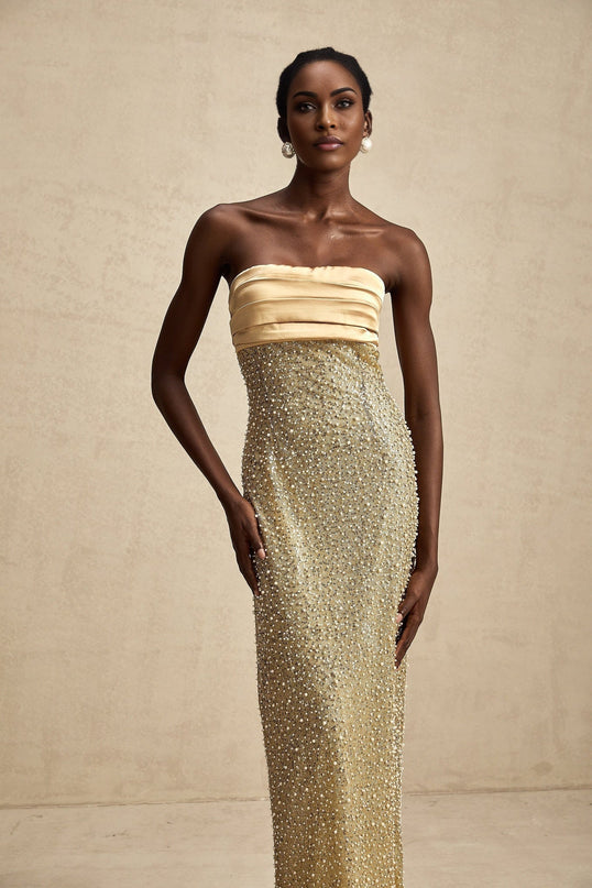 Marguerite Strapless Maxi Dress Gold Sequin Pearl Embellishments Polyester Elegant Special Occasions Back Zipper Closure