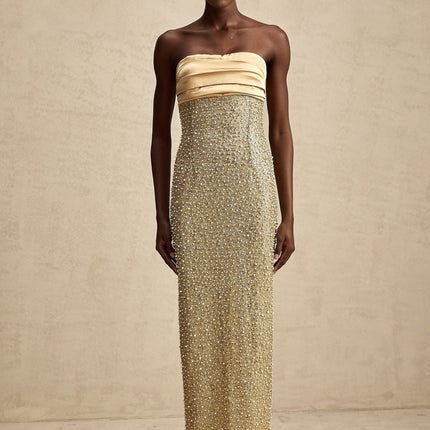 Marguerite Strapless Maxi Dress in Gold with faux pearl and sequin embellishments and tailored pleated bodice