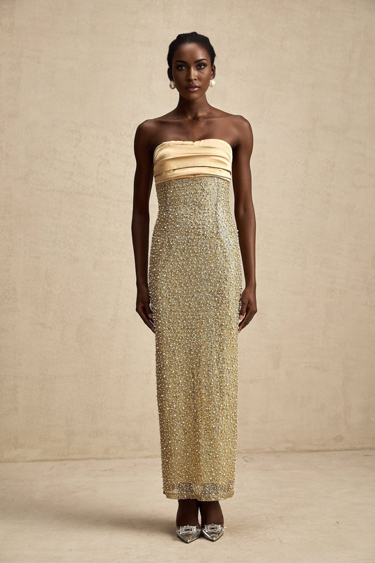 Marguerite Strapless Maxi Dress in Gold with faux pearl and sequin embellishments and tailored pleated bodice