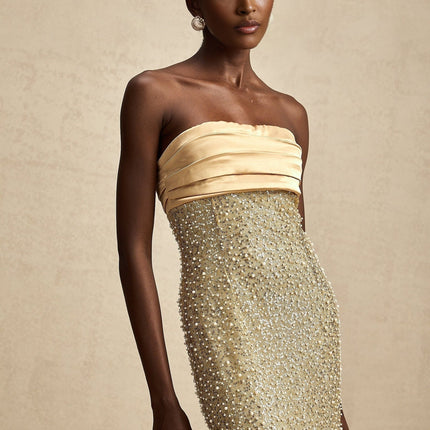 Marguerite Strapless Maxi Dress in Gold with faux pearl and sequin embellishments