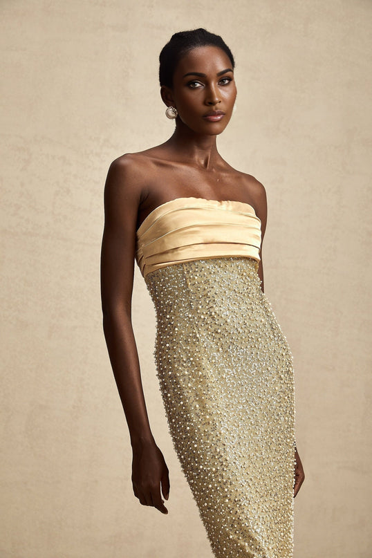 Marguerite Strapless Maxi Dress in Gold with faux pearl and sequin embellishments