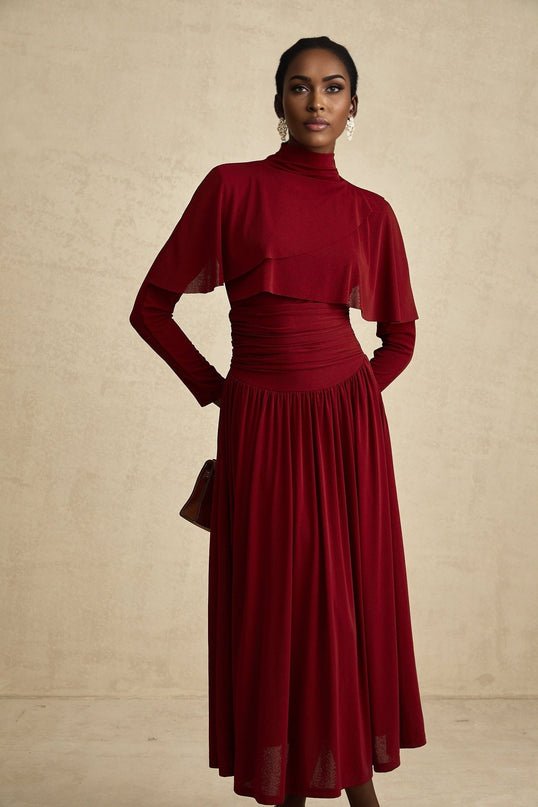 Maria Wine Red Flap Design Midi Dress