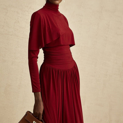 Maria Wine Red Midi Dress with Flap Design and Long Sleeves
