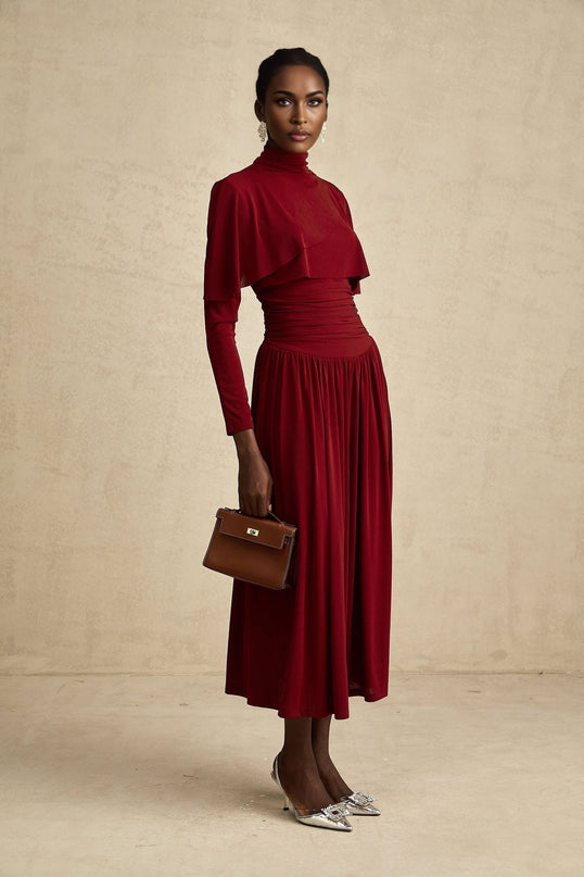 Maria Wine Red Flap Design Midi Dress with Long Sleeves and Mock Neck