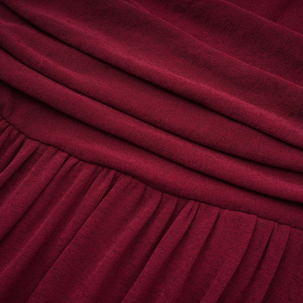 Maria Wine Red Flap Design Midi Dress with Long Sleeves and Ruched Detailing