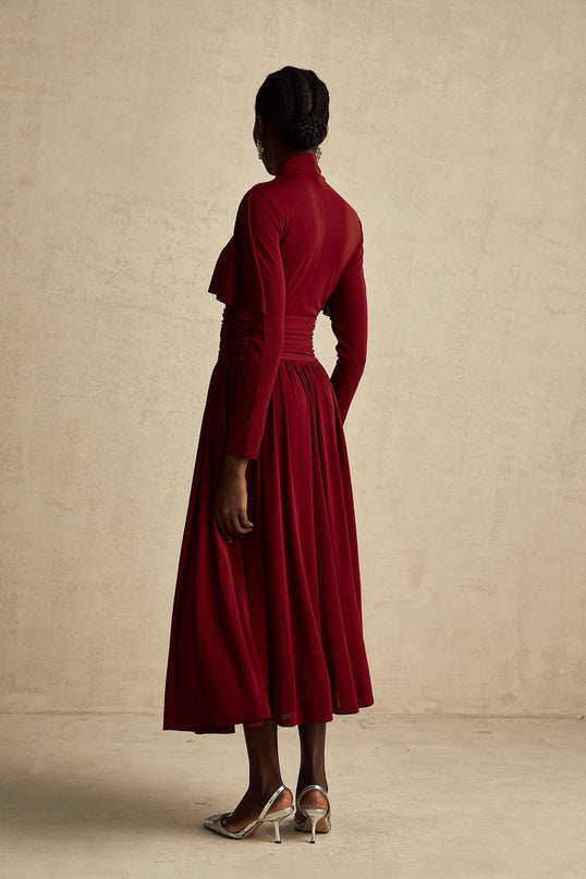 Maria Wine Red Flap Design Midi Dress with Long Sleeves and Mock Neck