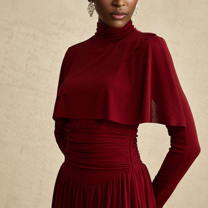 Maria Wine Red Flap Design Midi Dress with Long Sleeves and Mock Neck