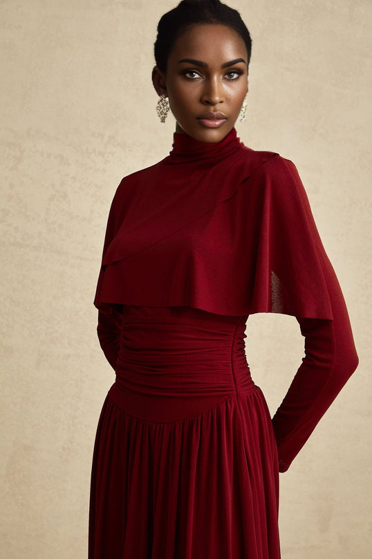 Maria Wine Red Flap Design Midi Dress with Long Sleeves and Mock Neck