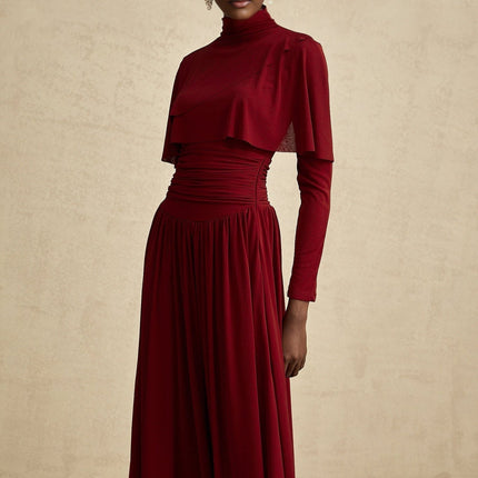 Maria Wine Red Flap Design Midi Dress with Long Sleeves and Ruched Detailing