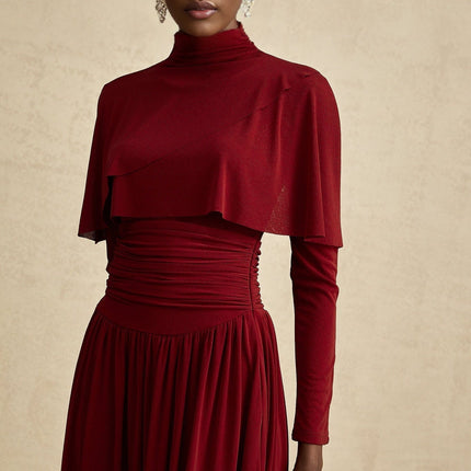 Maria Wine Red Flap Design Midi Dress with Long Sleeves and Ruched Detailing