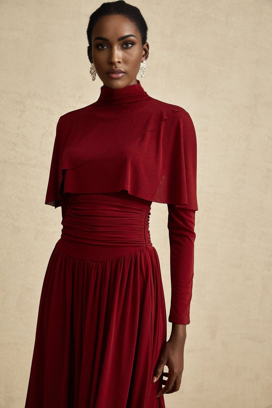 Maria Wine Red Flap Design Midi Dress with Long Sleeves and Ruched Detailing