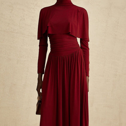 Maria Wine Red Flap Design Midi Dress with Long Sleeves Mock Neck Ruched Detailing Full Skirt Lined 100% Terylene Fiber