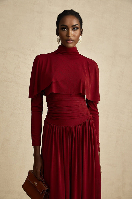 Maria Wine Red Flap Design Midi Dress Long Sleeves Mock Neck Ruched Detailing Full Skirt Lined Terylene Fiber