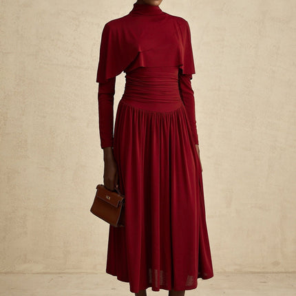 Maria Wine Red Flap Design Midi Dress with Long Sleeves and Ruched Detailing