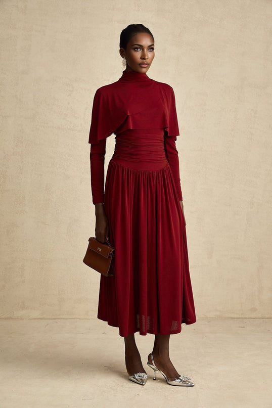 Maria Wine Red Flap Design Midi Dress with Long Sleeves and Ruched Detailing