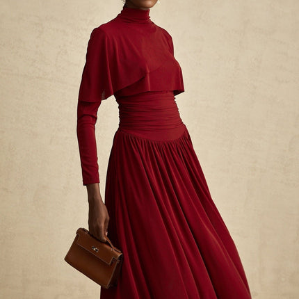 Maria Wine Red Flap Design Midi Dress with Long Sleeves and Ruched Detailing