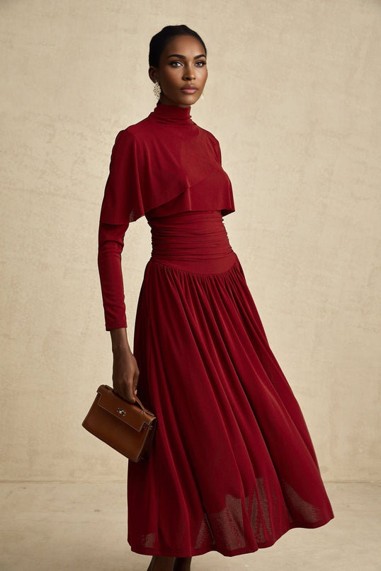 Maria Wine Red Flap Design Midi Dress with Long Sleeves and Ruched Detailing