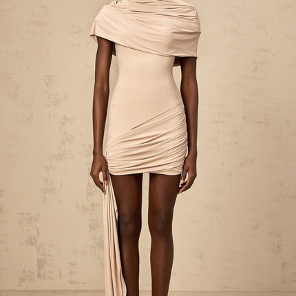 Mariachiara Mini Dress With Mock Neck And Ribbon Design in Neutrals