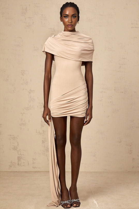 Mariachiara Mini Dress With Mock Neck And Ribbon Design in Neutrals